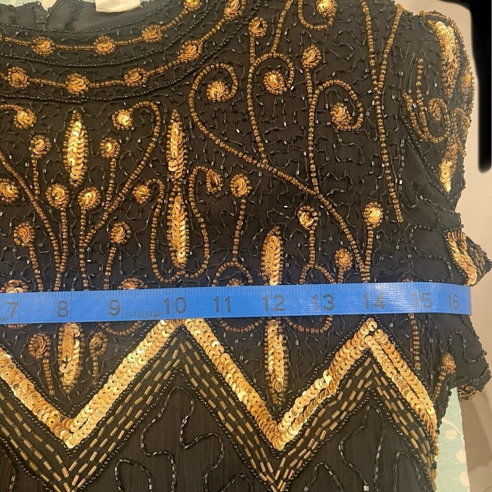 VINTAGE Size M LAWRENCE KAZAR black gold sequin cocktail dress with slit - Picture 9 of 16